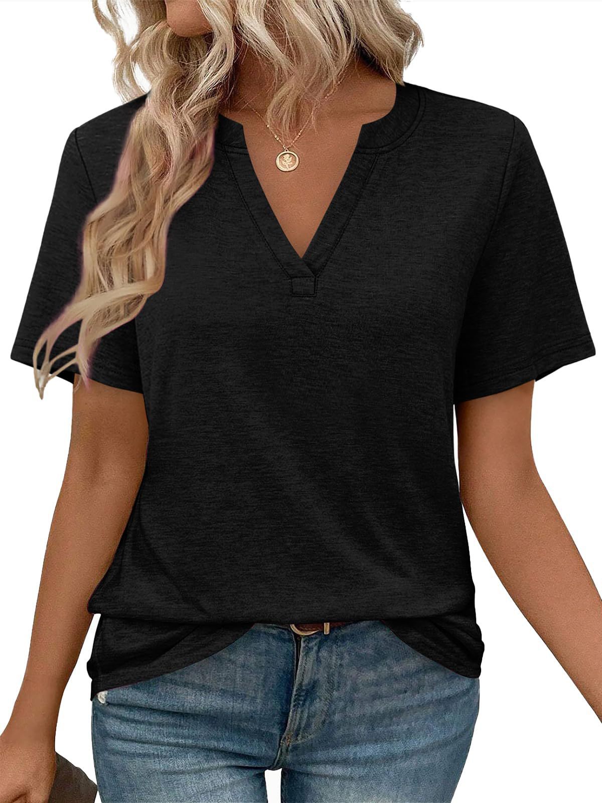 Women's Summer V-Neck Short Sleeve T-Shirt Solid Color Slimming Top