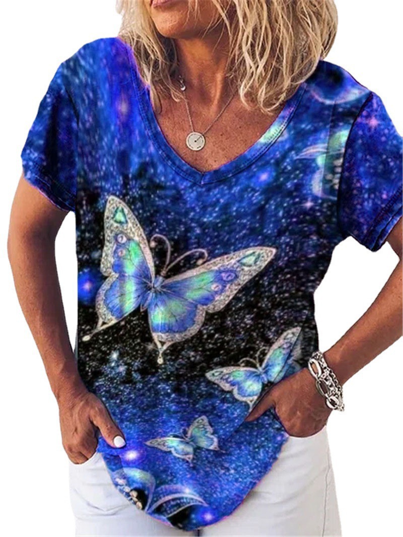 Women's V-Neck Butterfly Print Short Sleeve T-Shirt