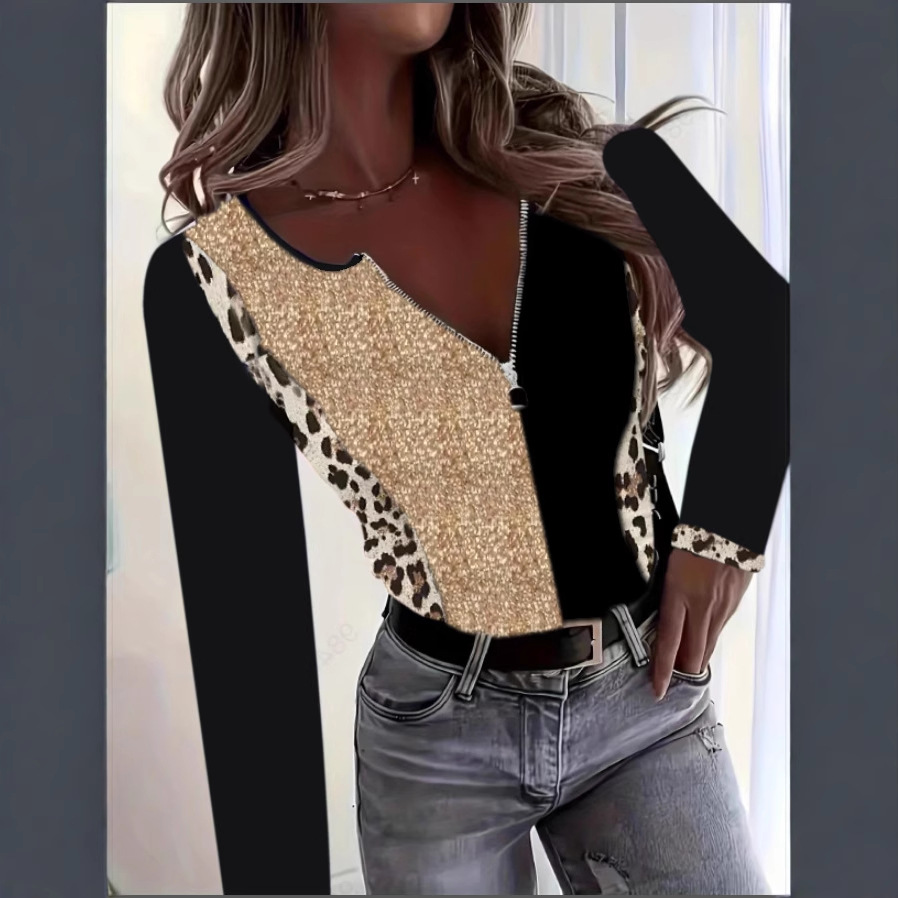 Leopard Print Mesh Panel Long Sleeve Round Neck Slim Fit Women's Top