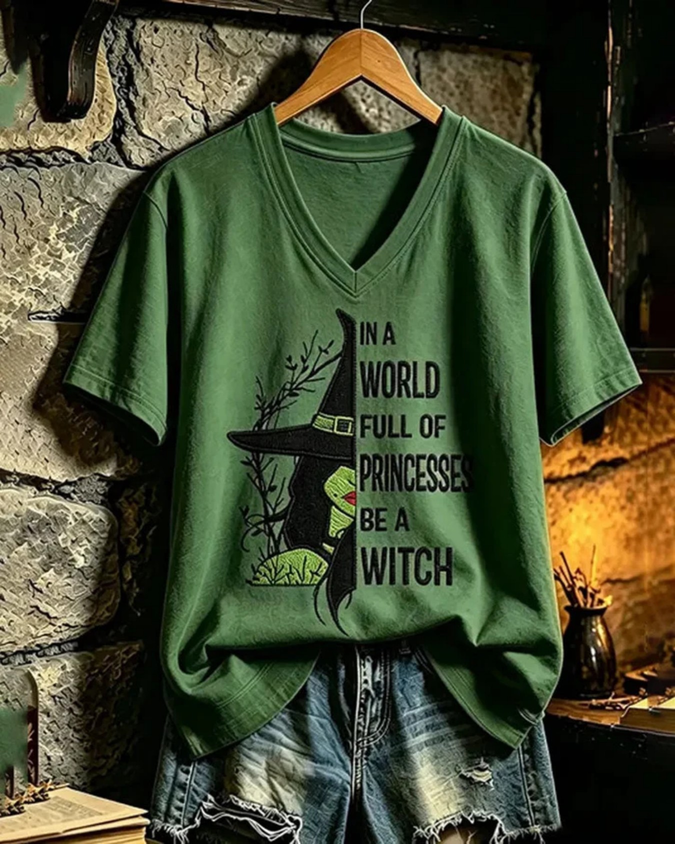 Halloween Evil Witch Print V-Neck Short Sleeve Women's T-Shirt