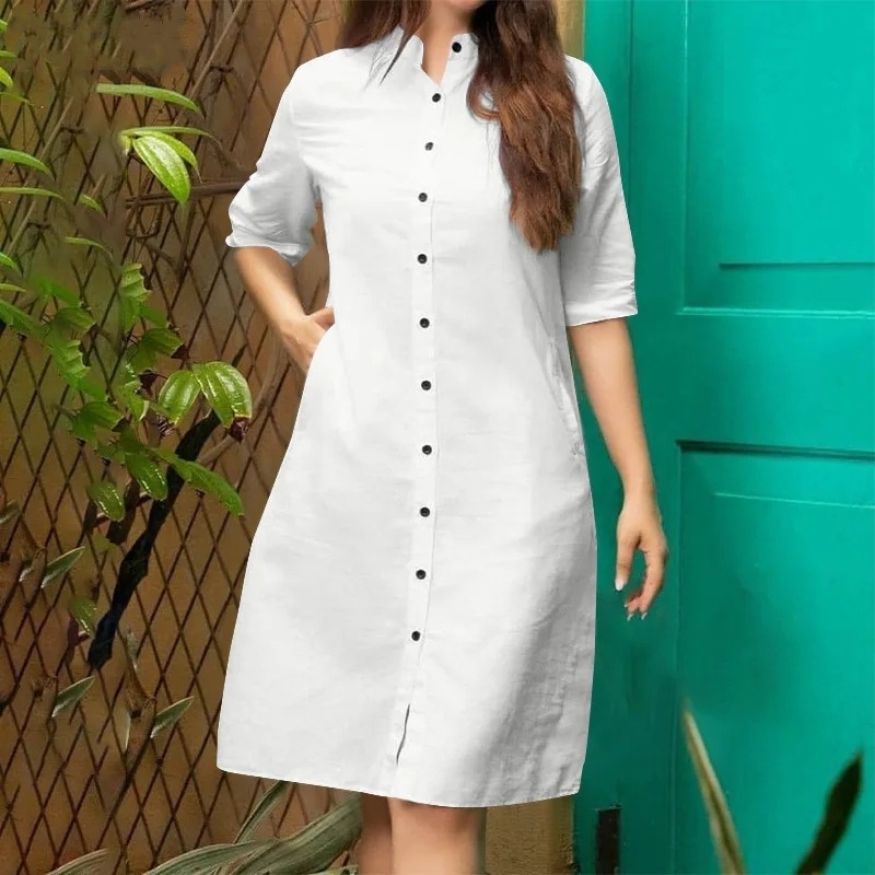 Women's Elegant Cotton-Linen Midi Cardigan Dress Solid Color
