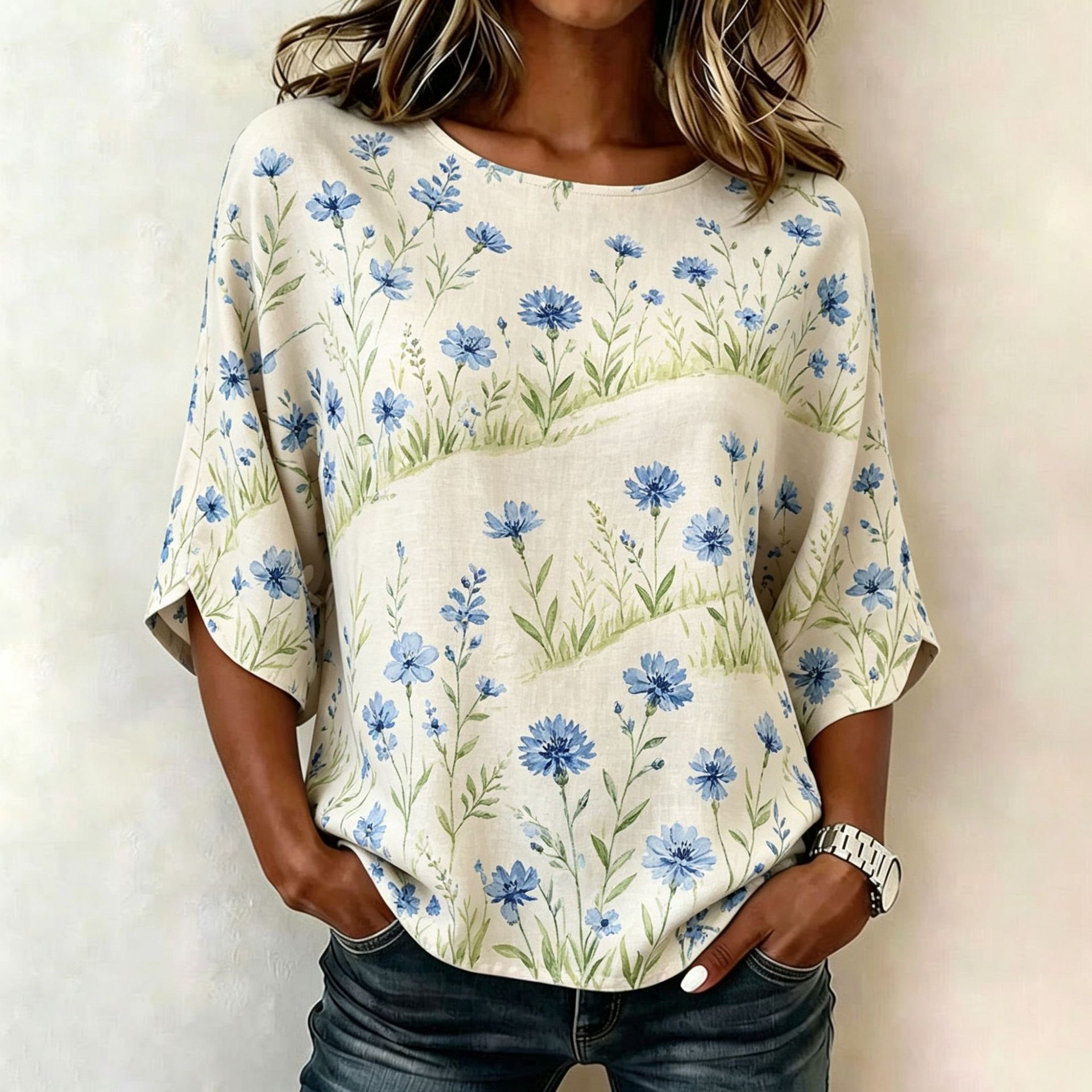 Floral Plaid Print Mid-Sleeve Women's Top