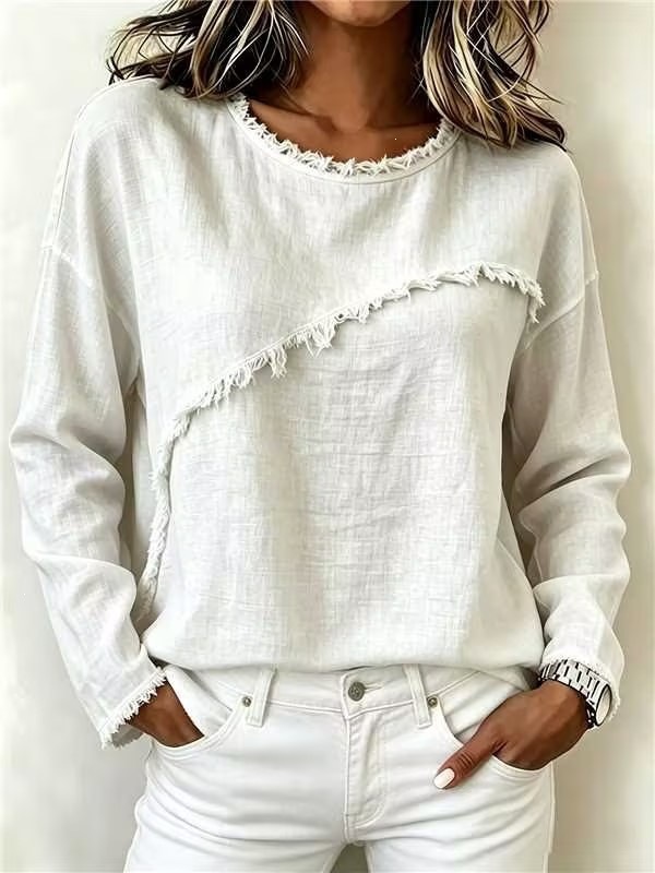 Women's Round Neck Faux Fur Trim Long Sleeve T-Shirt Solid Color Top