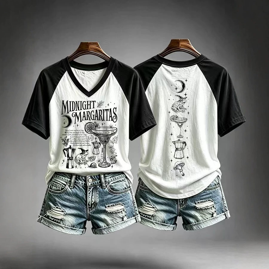 Fantasy Graphic Front and Back Print V-Neck T-Shirt