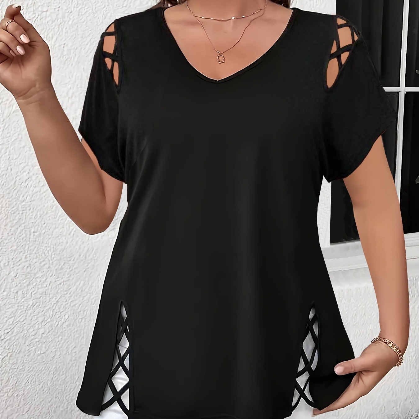 Women's Solid Short Sleeve Cross-Strap Detail T-Shirt
