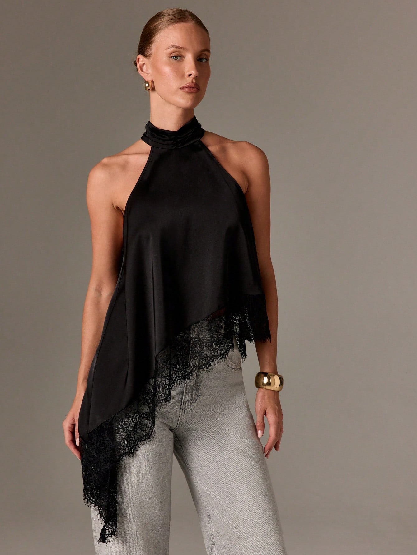 Sexy Halter Lace Top with Asymmetrical Hem and Open Back