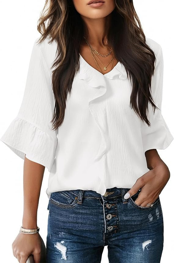 V-Neck Ruffle Lantern Sleeve Casual Top