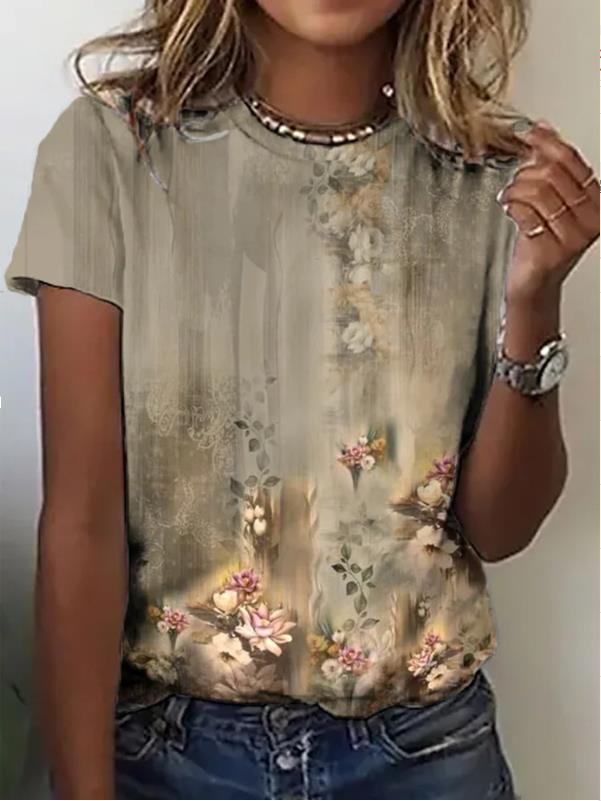Women's Floral Print Short Sleeve Crew Neck Loose T-Shirt