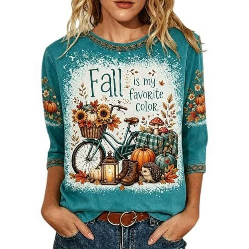 Pumpkin Floral Maple Leaf Letter Print Long Sleeve Women's Top