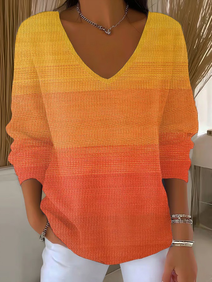 Colorful Leaf Striped V-Neck Long-Sleeve T-Shirt for Women
