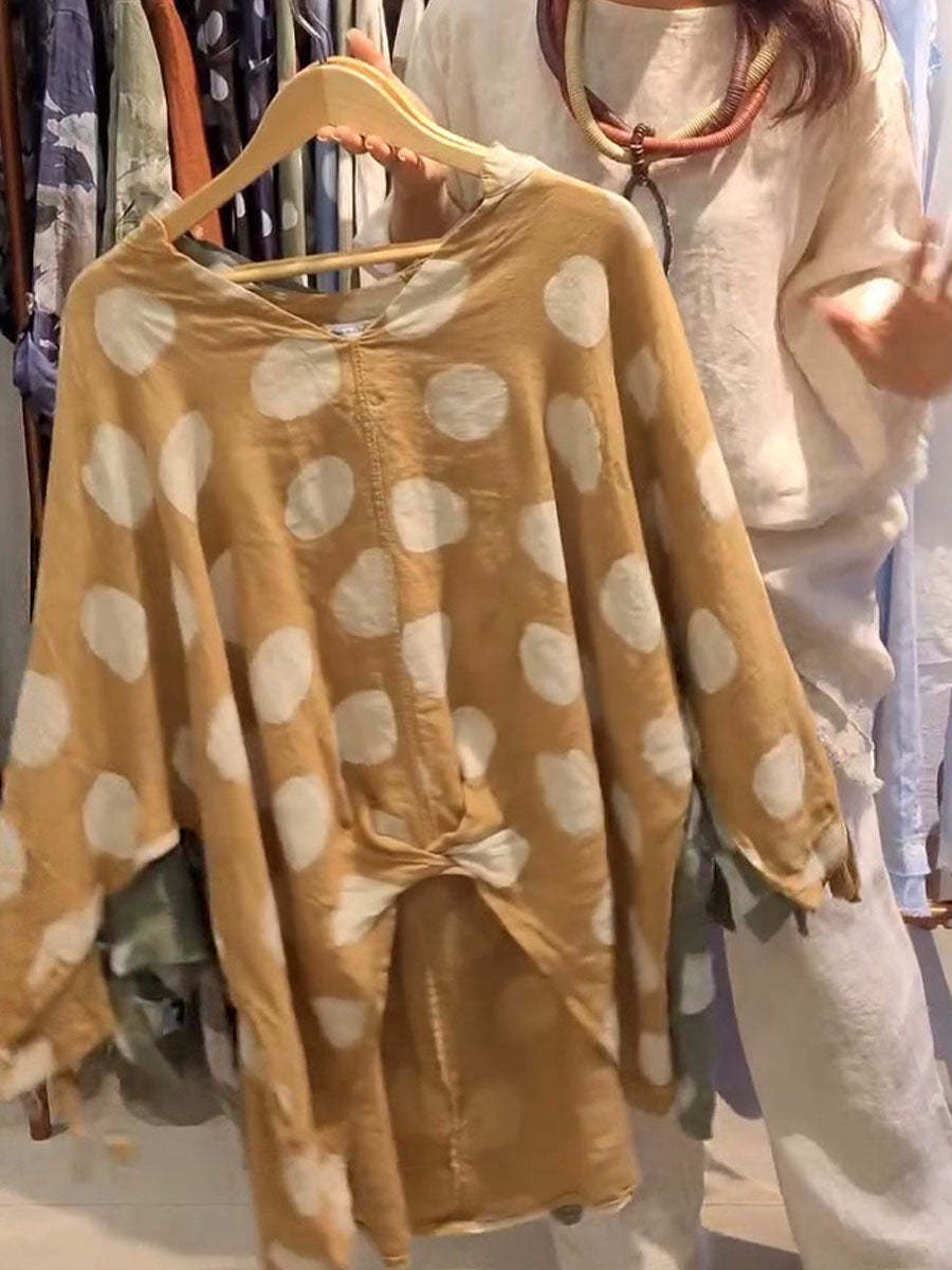 Women's V-Neck Polka Dot Print Half-Sleeve Top