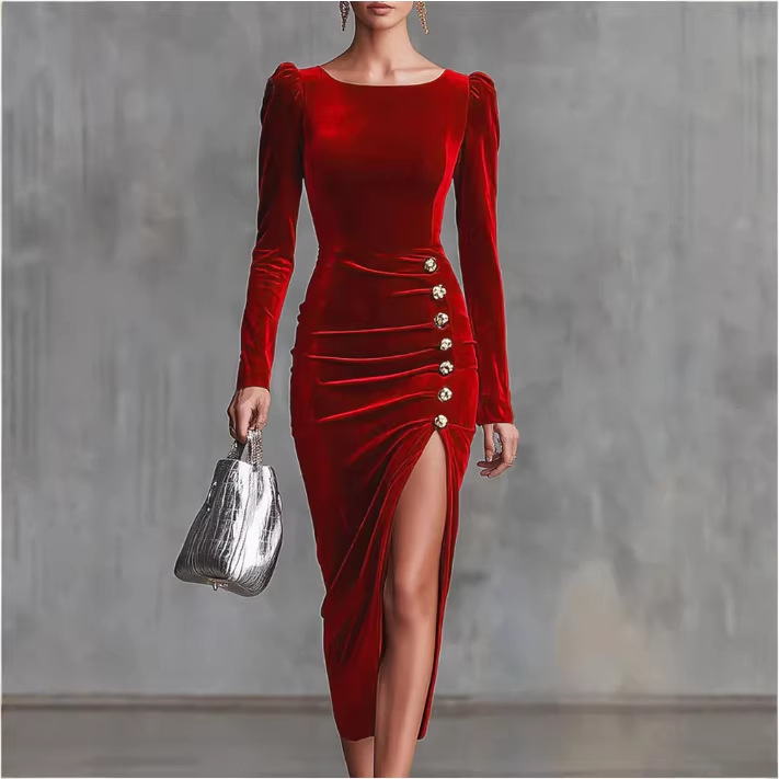 Elegant Crewneck Side-Slit Long-Sleeve Velvet Midi Dress