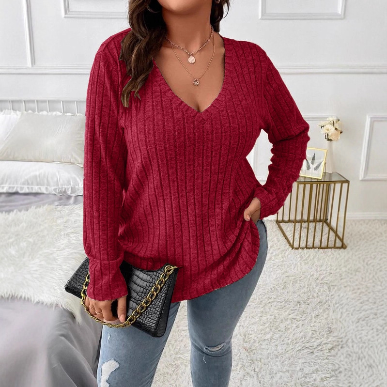 Women's Solid V-Neck Long-Sleeve Ribbed Brushed Top