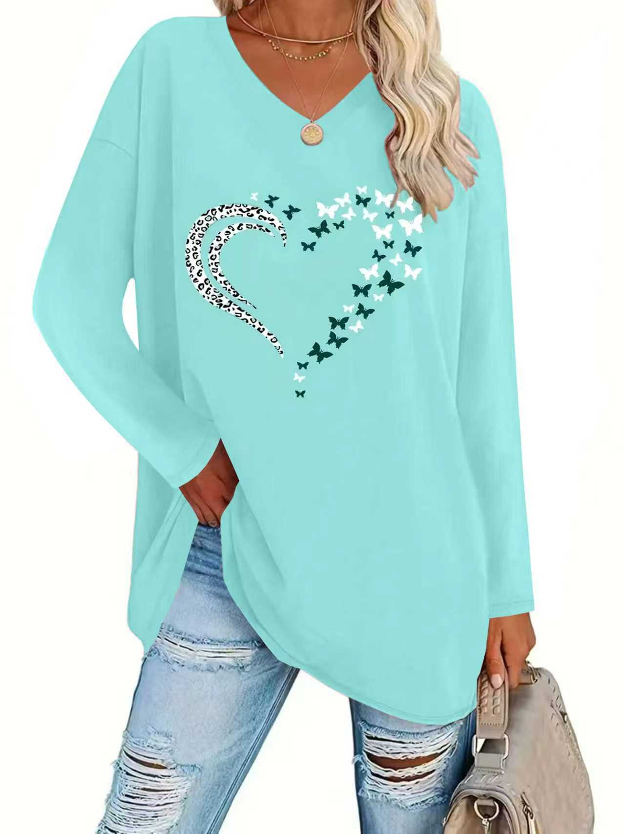 Women's Leopard Heart Butterfly Print Loose V-Neck Long Sleeve Top