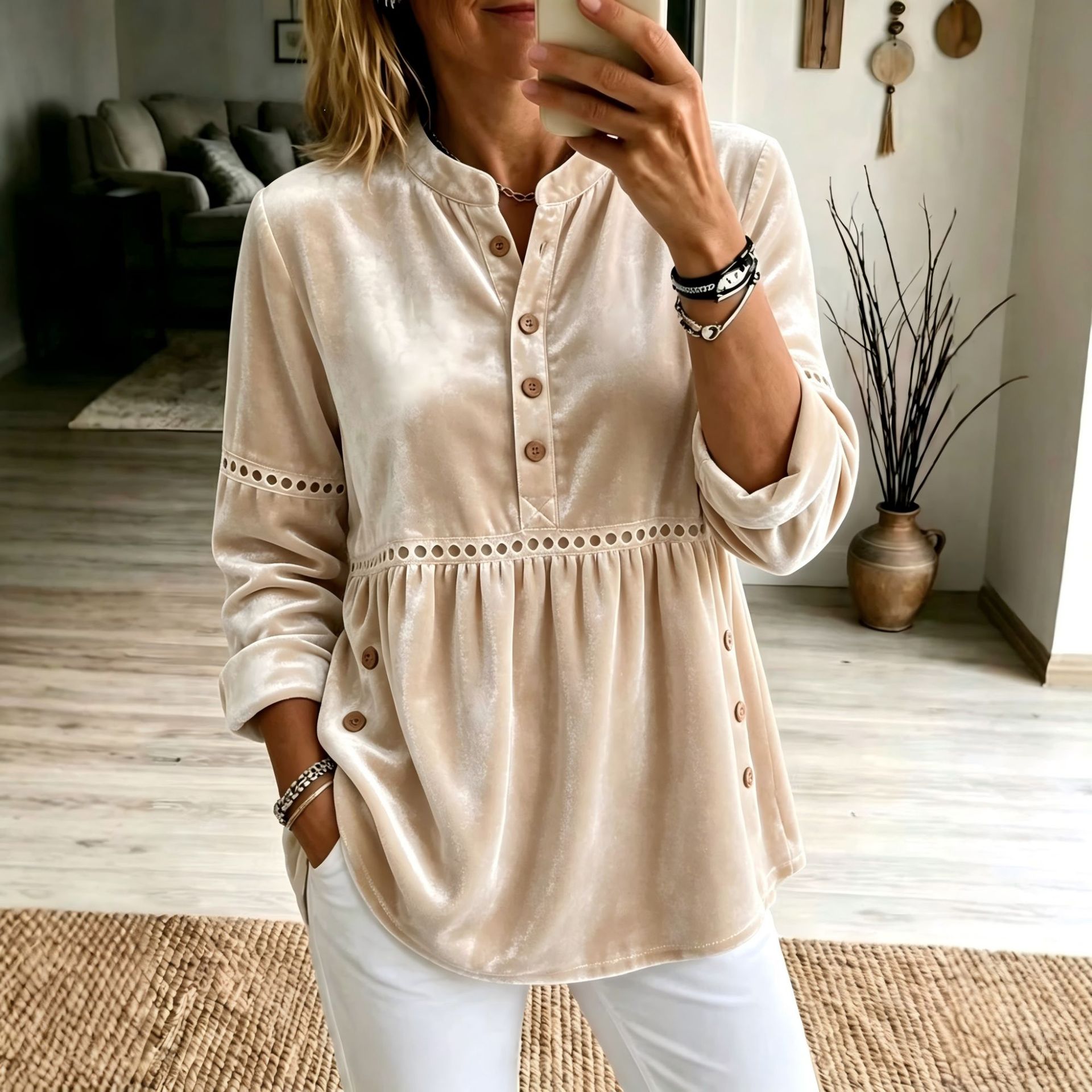 Gold Velvet Stand Collar Half-Button Long Sleeve Loose Casual Top
