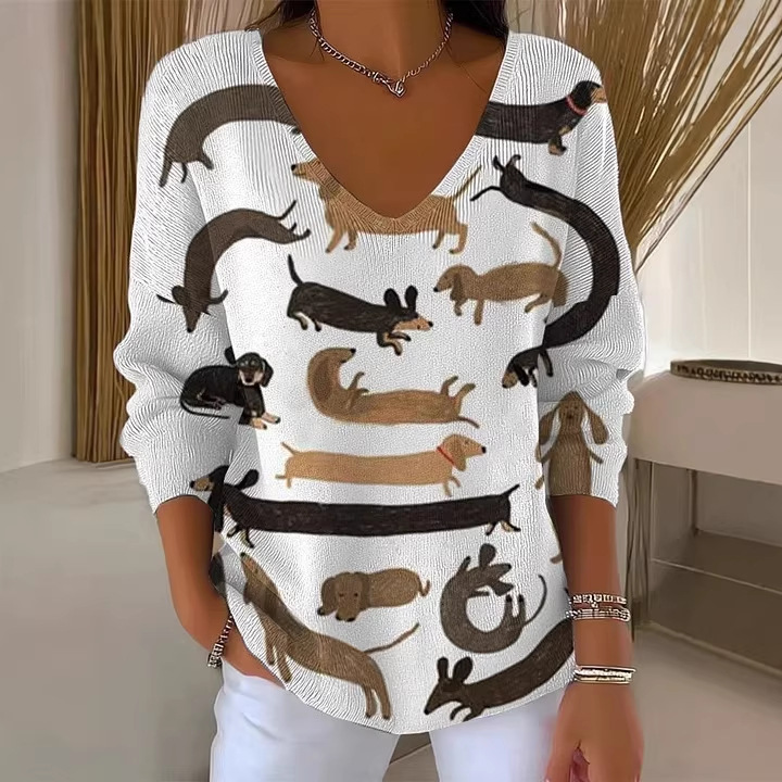 Women's V-Neck Long Sleeve T-Shirt with Animal & Plant Digital Print