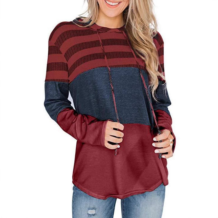 Women's Loose Color-Block Hooded Pullover Sweatshirt Long Sleeve