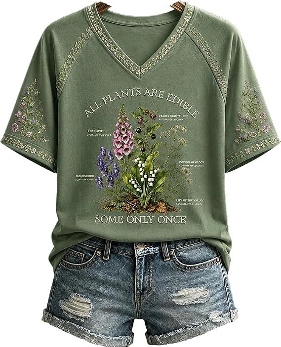 Retro Poisonous Plant Graphic Print Short Sleeve Tee for Women