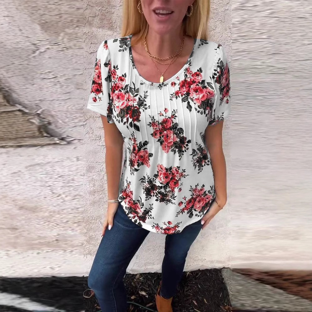 Bohemian Floral Print Short Sleeve Crew Neck T-Shirt