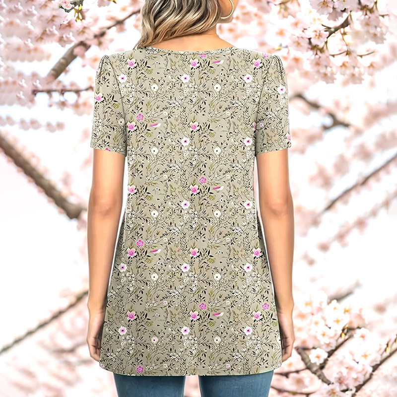 Elegant Floral Print Short Sleeve T-Shirt Puff Sleeve Round Neck
