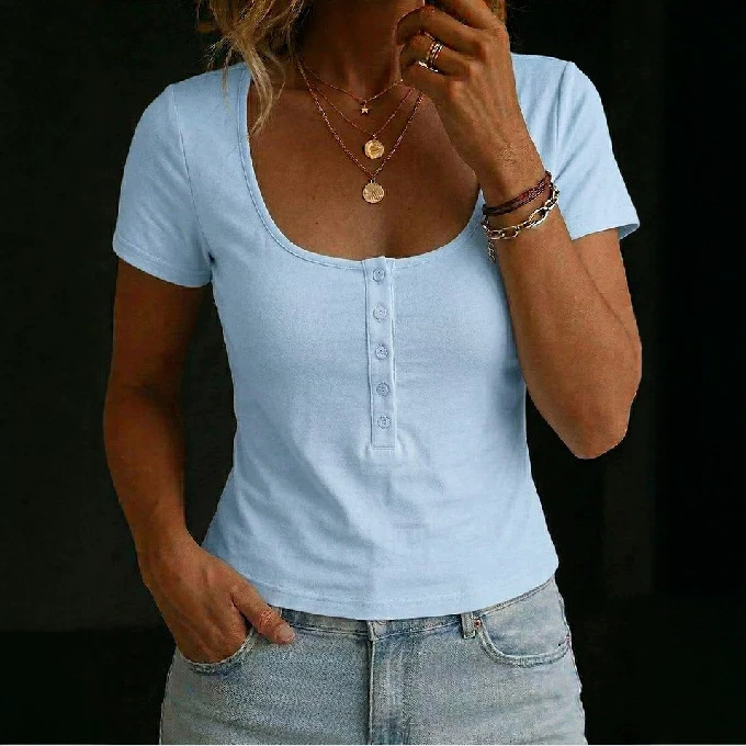 Women's Slim Fit Square Neck Half-Button Short Sleeve Crop Top