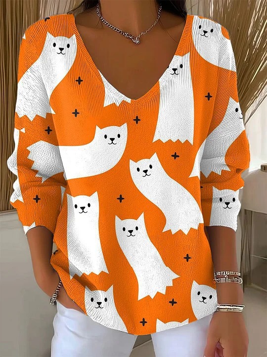 Women's V-Neck Long-Sleeve Cat Floral Pumpkin Print T-Shirt
