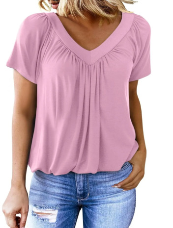 V-Neck Raglan Sleeve Ruched Casual T-Shirt