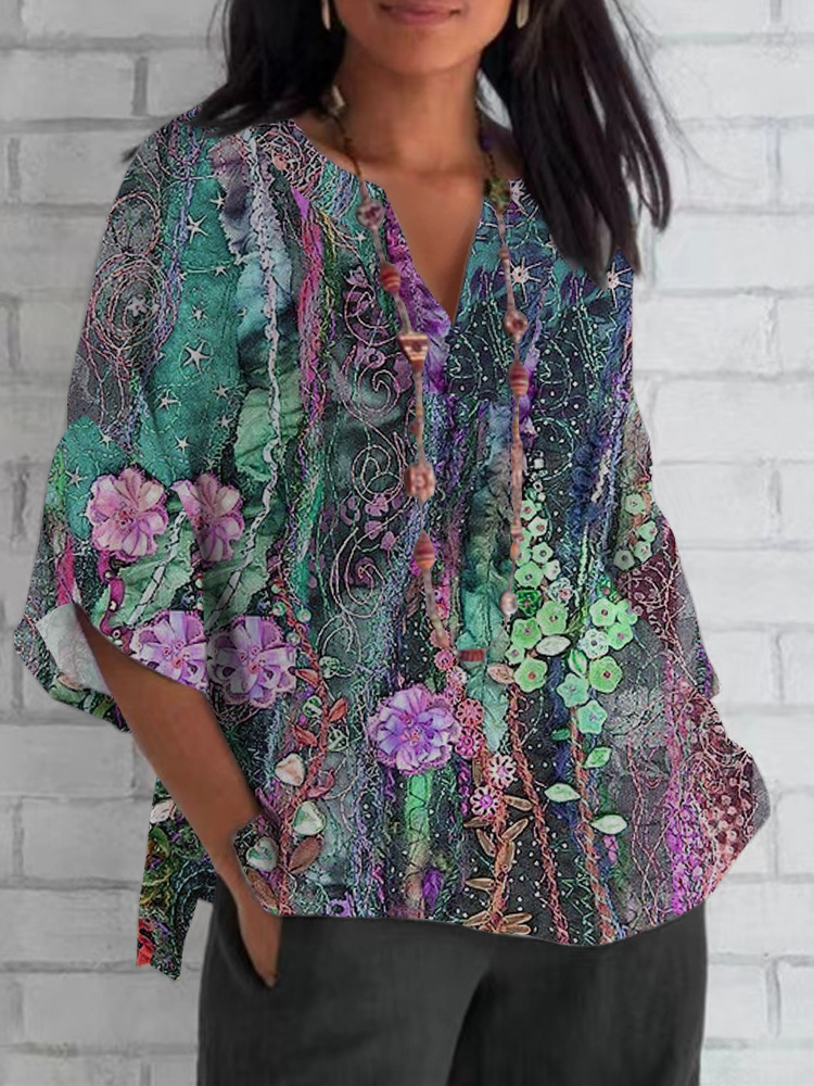 V-Neck 3/4 Sleeve Loose Vintage Floral Print Top