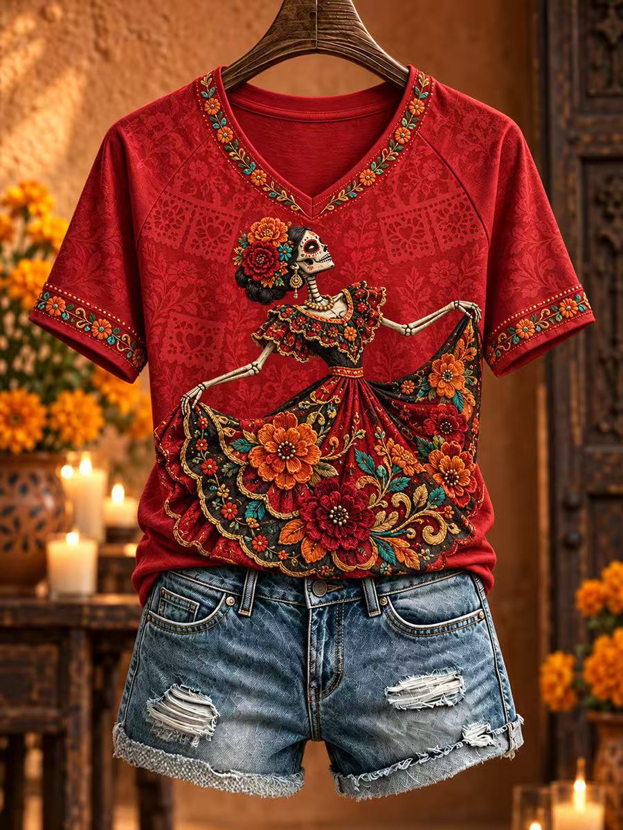 Halloween Evil Witch Print V-Neck Short Sleeve Women's T-Shirt