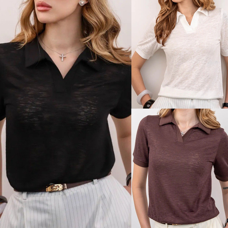 Women's Solid Color Short Sleeve Polo Neck Loose T-Shirt