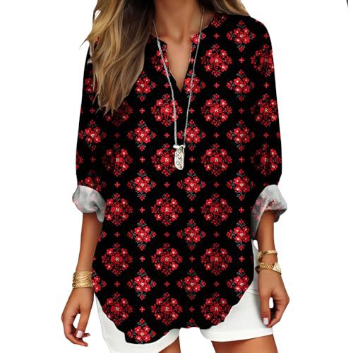 Women's Floral Polka Dot Print V-Neck Long Sleeve T-Shirt