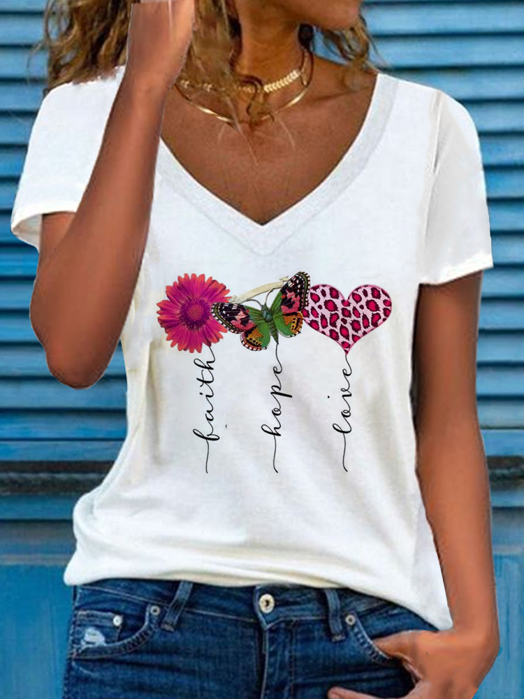 Floral Print Short Sleeve V-Neck Loose Top