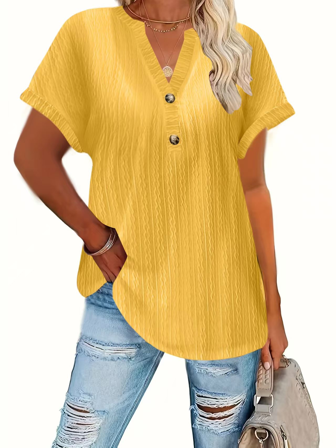 Women's Casual Solid Button V-Neck Short Sleeve T-Shirt