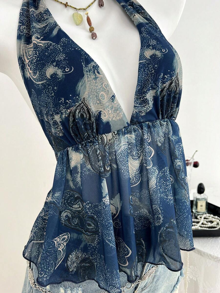 French V-Neck Irregular Print Sleeveless Halter Top