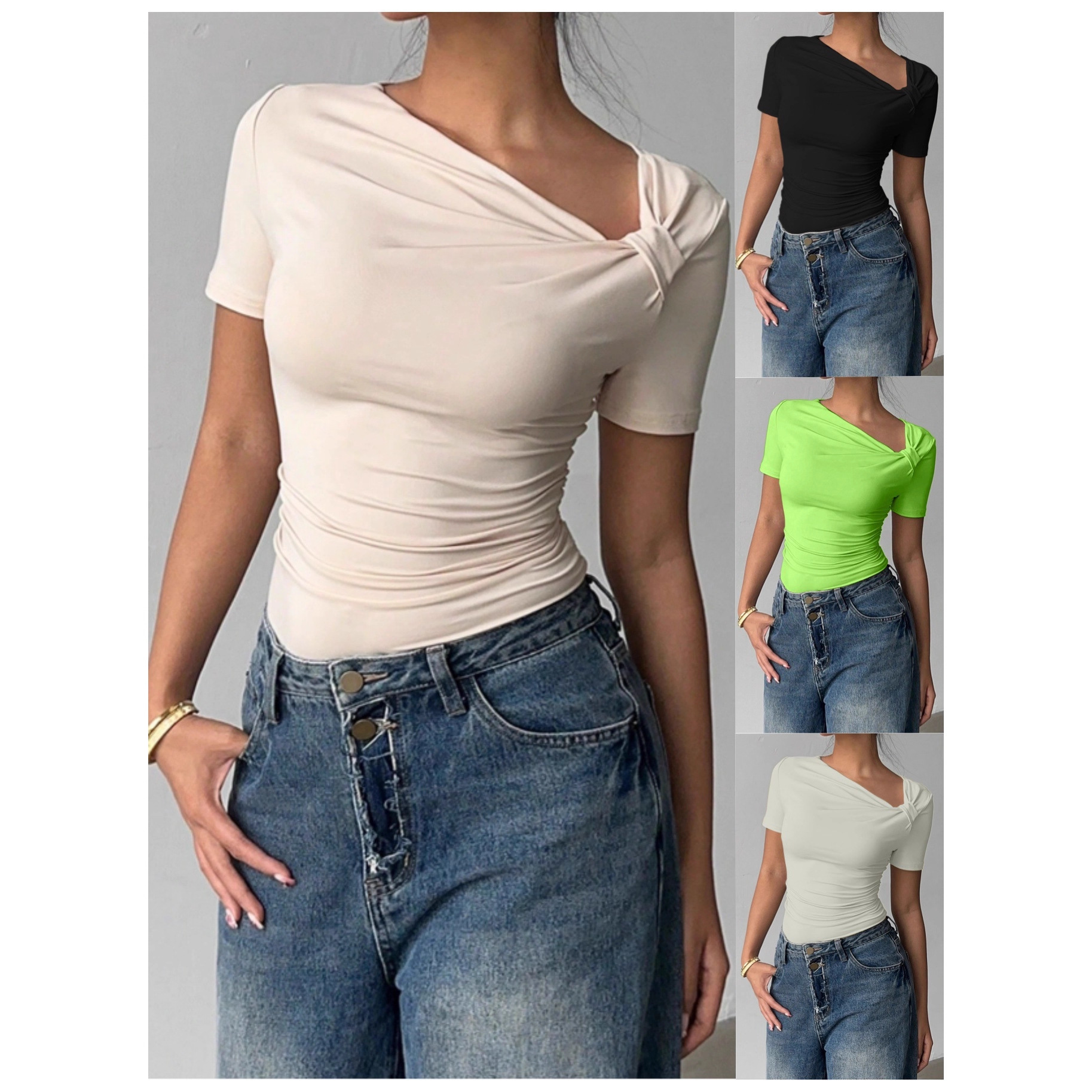 Women's Slim Fit Short Sleeve T-Shirt with Asymmetric Neck and Cutout Detail