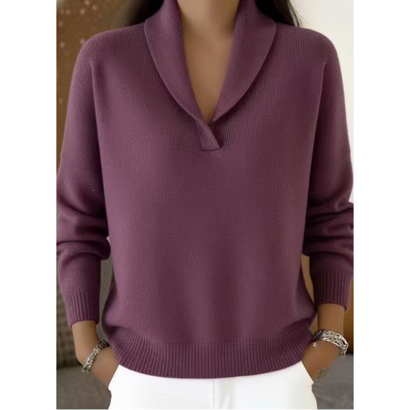 V-Neck Long Sleeve Knit Pullover Loose Solid Color Top