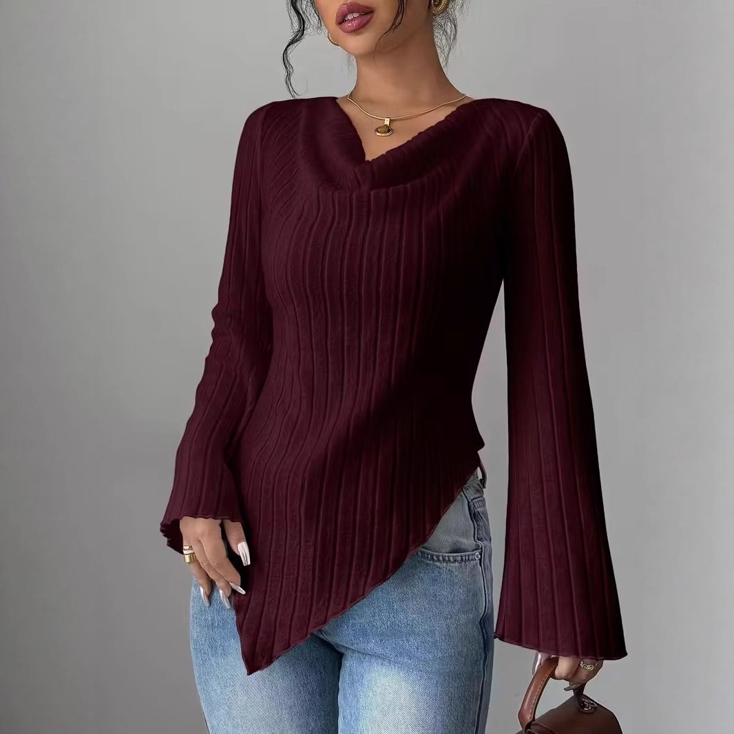 Women's V-Neck Long Sleeve Solid Color T-Shirt