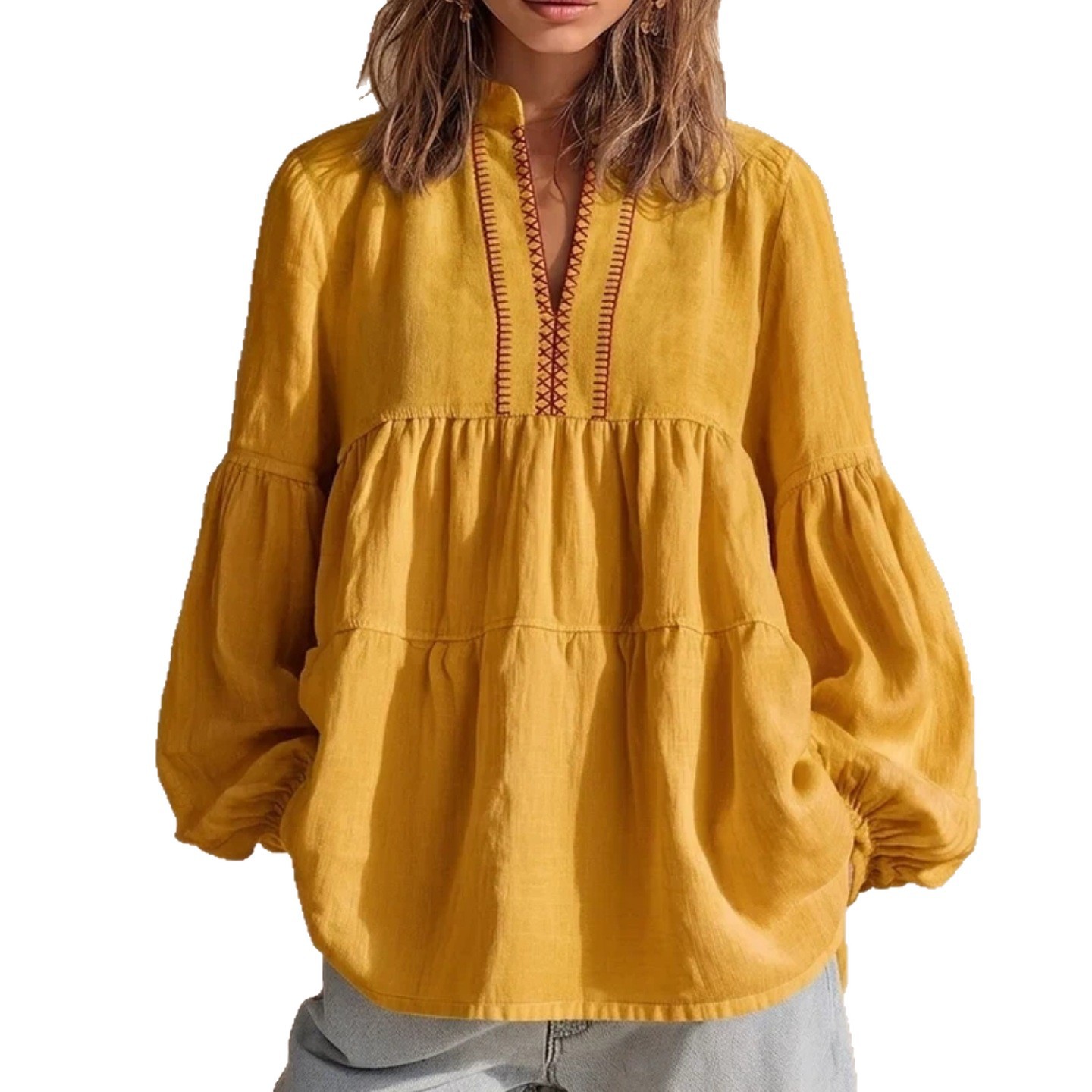 Boho Floral Print Stand Collar Pleated Loose Long Sleeve Top