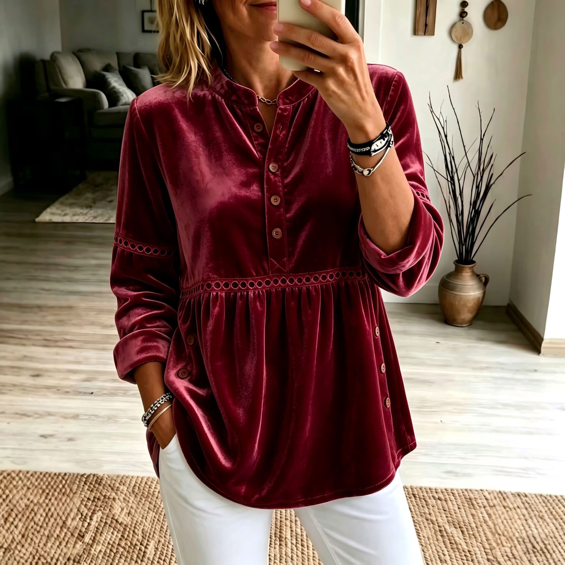 Gold Velvet Stand Collar Half-Button Long Sleeve Loose Casual Top