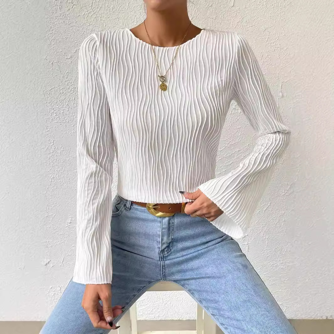 Slimming Textured Wave Crewneck Bell Sleeve Plus Size Long Sleeve T-Shirt