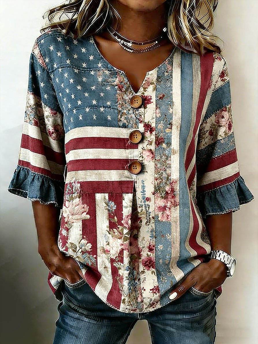 Women's Summer Floral Print Short Sleeve Button-Up Top