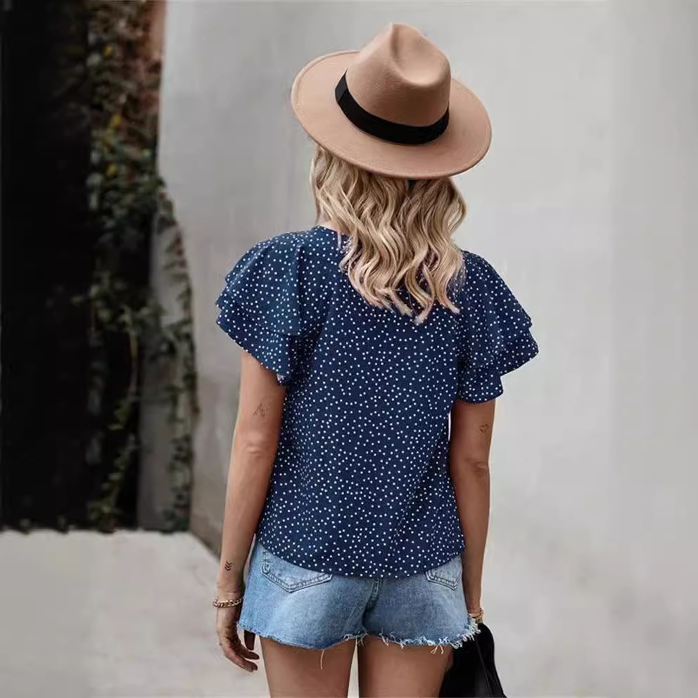 Polka Dot Ruffle Sleeve Round Neck T-Shirt