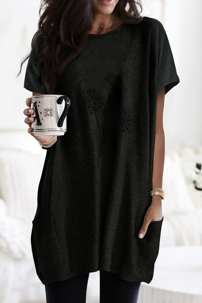 Side Pocket Dandelion Print Short Sleeve Loose Long T-Shirt