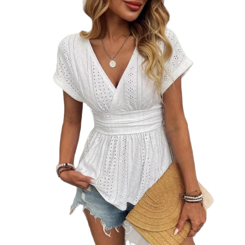 Elegant V-Neck Pleated Hem Short Sleeve Top