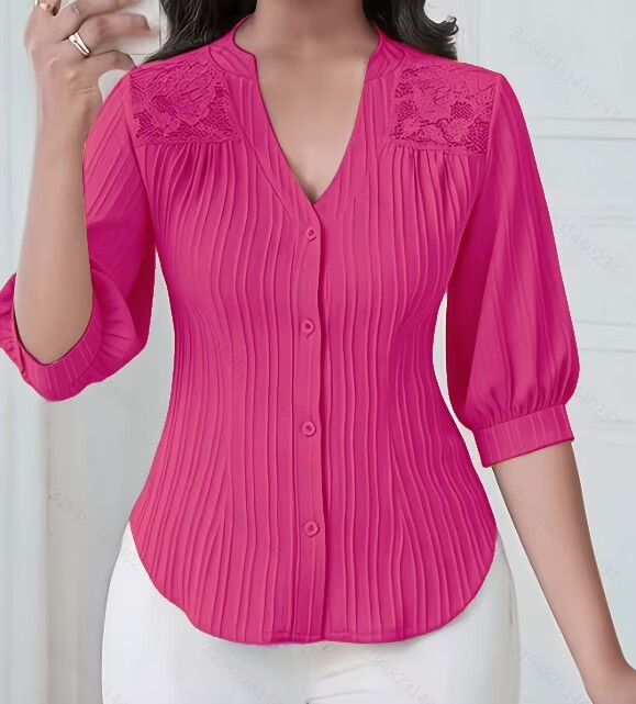 Lace-Trimmed V-Neck Mid-Sleeve Blouse with Pleated Button Front and Curved Hem