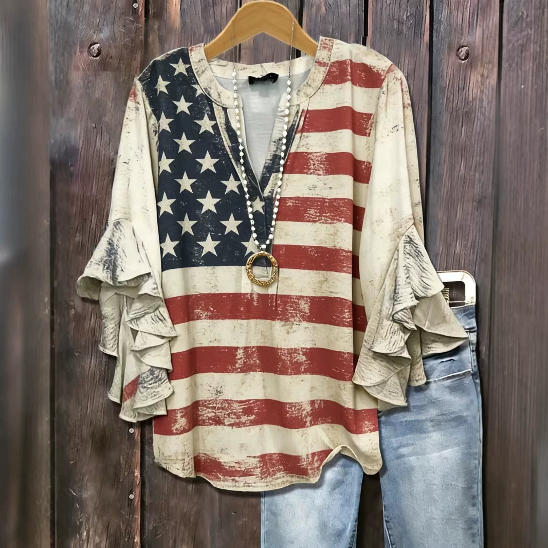 American Flag Print Rolled Sleeve Button Women's Top
