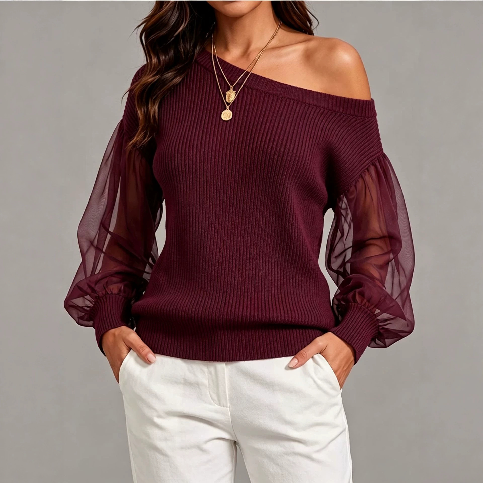 Women's Satin Knit Long-Sleeve Top Crew Neck Loose Fit