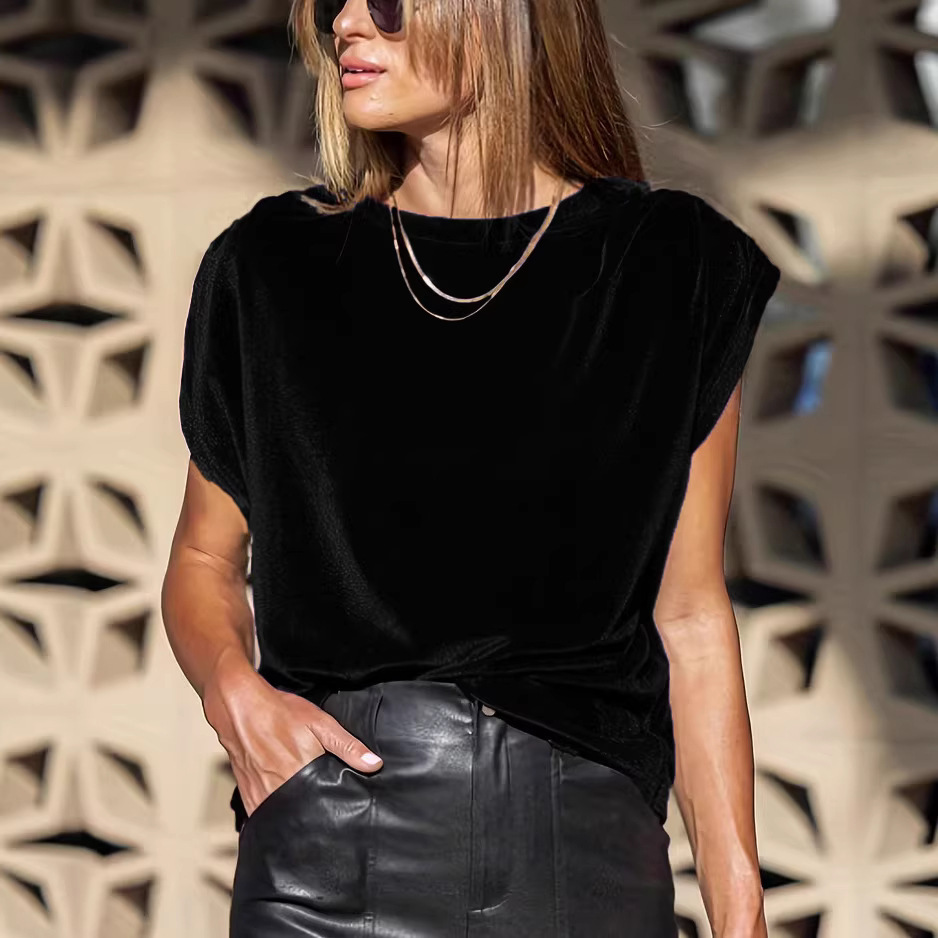 Women's Velvet Short Sleeve T-Shirt Casual Loose Fit Solid Color