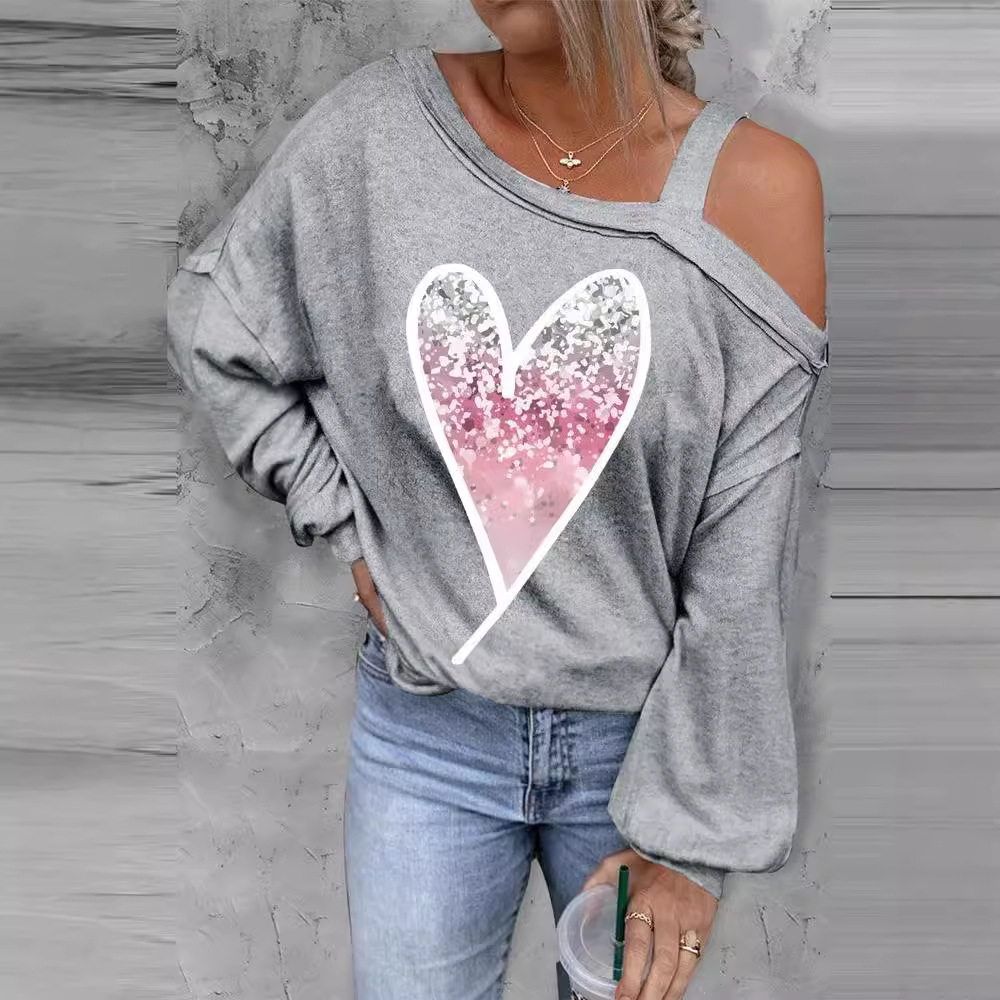 Women's One-Shoulder Heart Print Long-Sleeve Loose Top