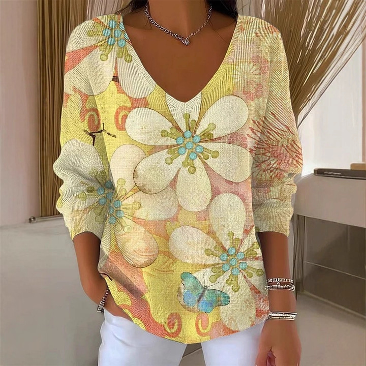 Dinosaur Floral Plaid V-Neck Long-Sleeve T-Shirt